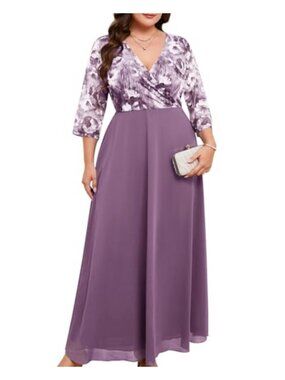 Plus Size Maxi Formal Dress Lace Chiffon V-Neck Wrap Evening Gown